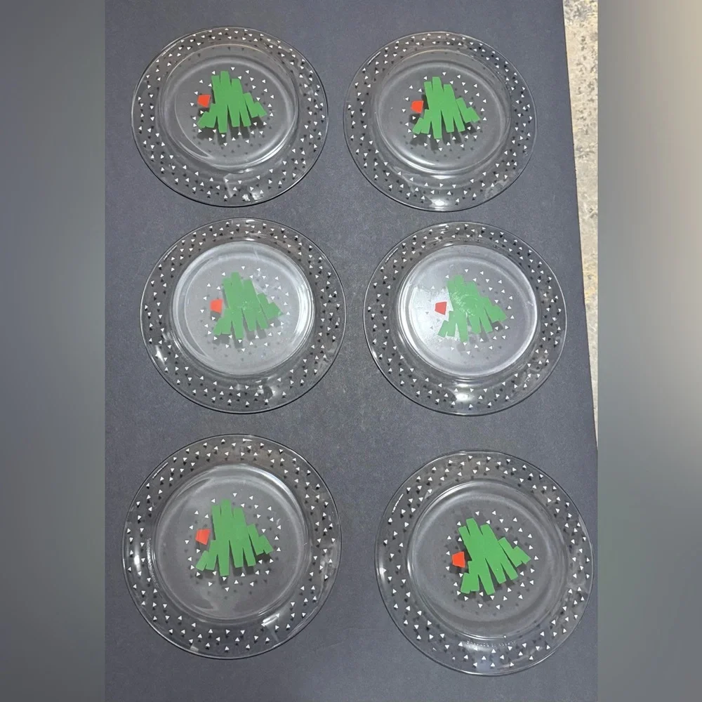 Arcoroc France 1988 6Pc Christmas Tree Confetti 8” Clear Glass Plates - Vintage